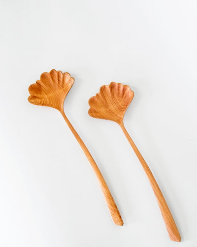 wooden salad serving spoons in a unique gingko leaf shape